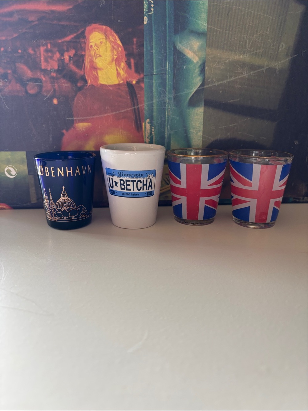 Lot of 4 Souvenir Shot Glasses - Copenhagen Denmark Minnesota Union Jack Pair